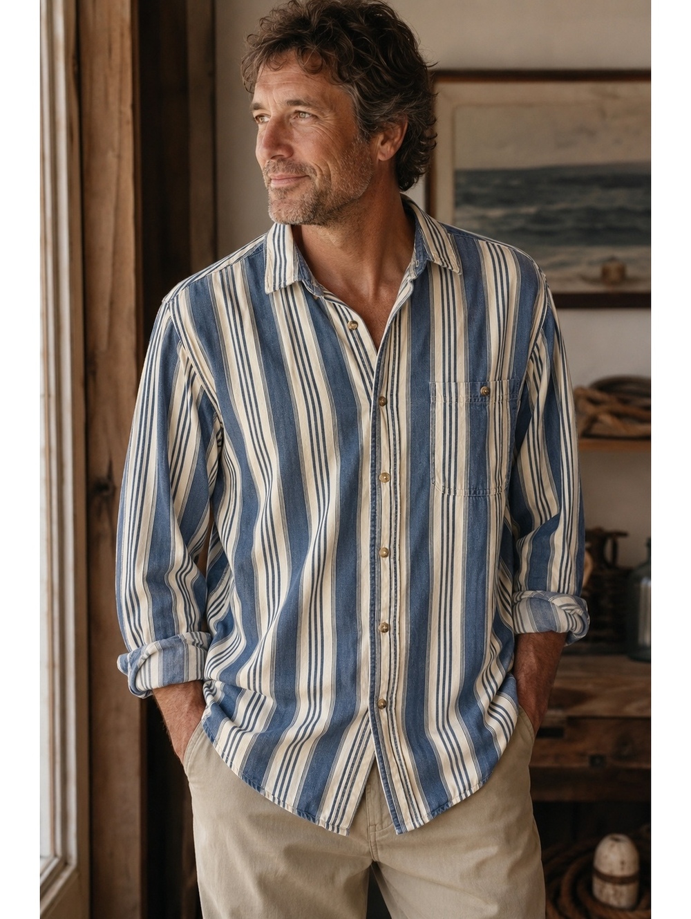 Vintage 90s Coastal Grandpa Shirt Men’s Large Striped Cotton Button-Up